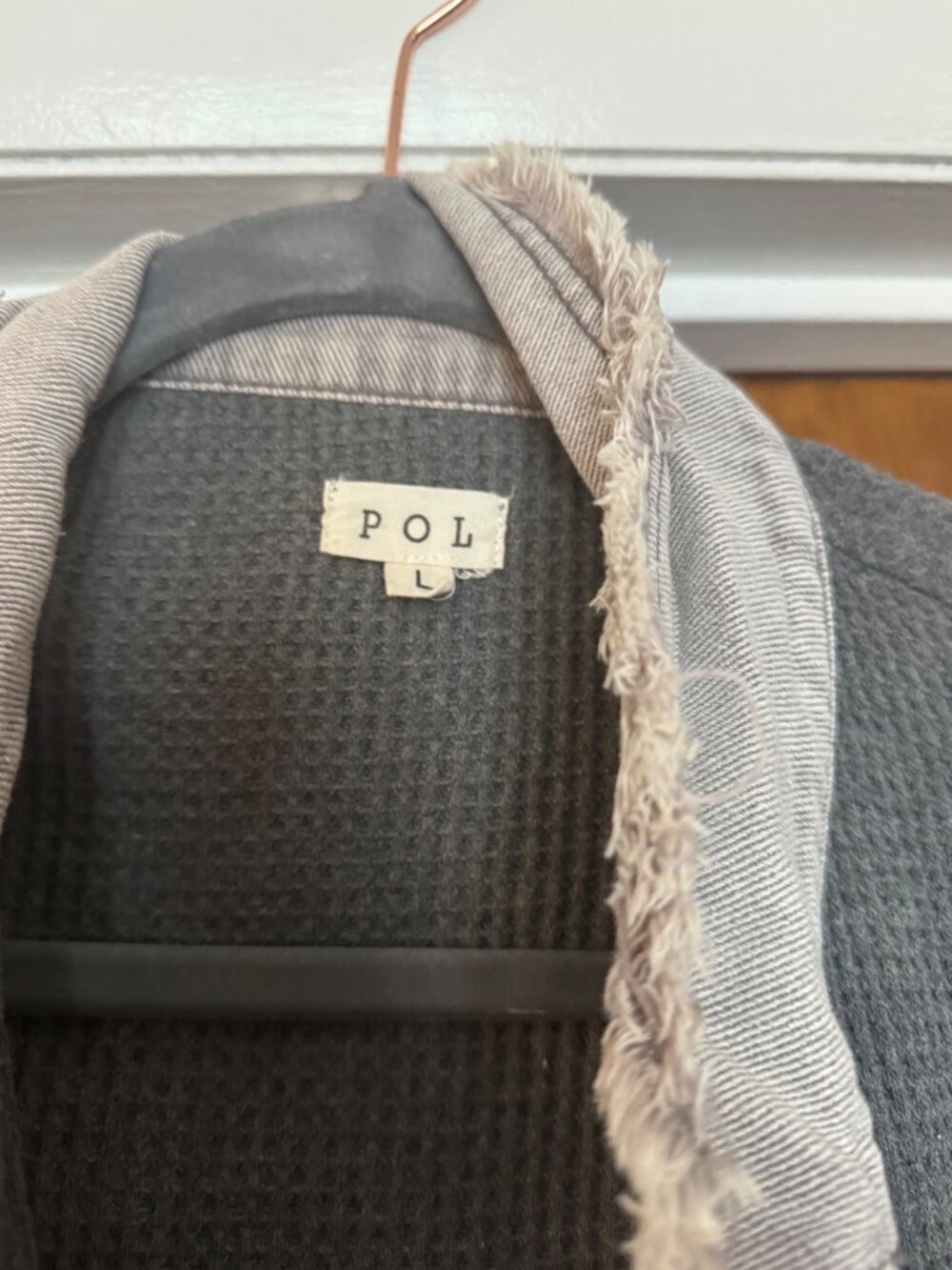 POL Mixed Media Denim Waffle Knit Jacket L Gray Raw Hem Cropped Boho Shacket - Picture 3 of 6